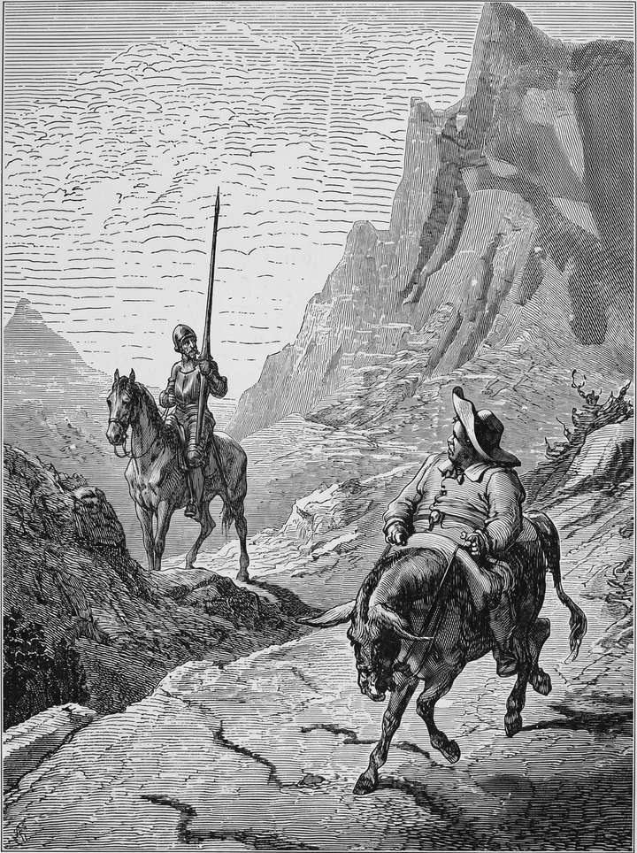 Engraving of Sancho Panza on his donkey in front, Don Quijote on horseback behind him, on a mountain road.